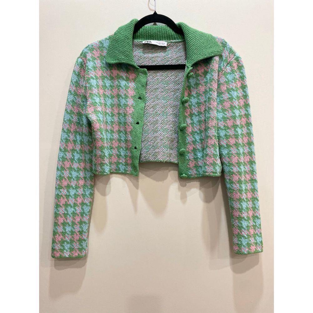 Zara Green Pink Houndstooth Knit Cropped Cardigan S Preppy Clueless Y2K